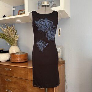 Vintage Y2K Rampage Black Dress S Sleeveless Micro Mesh Sparkle Floral Print